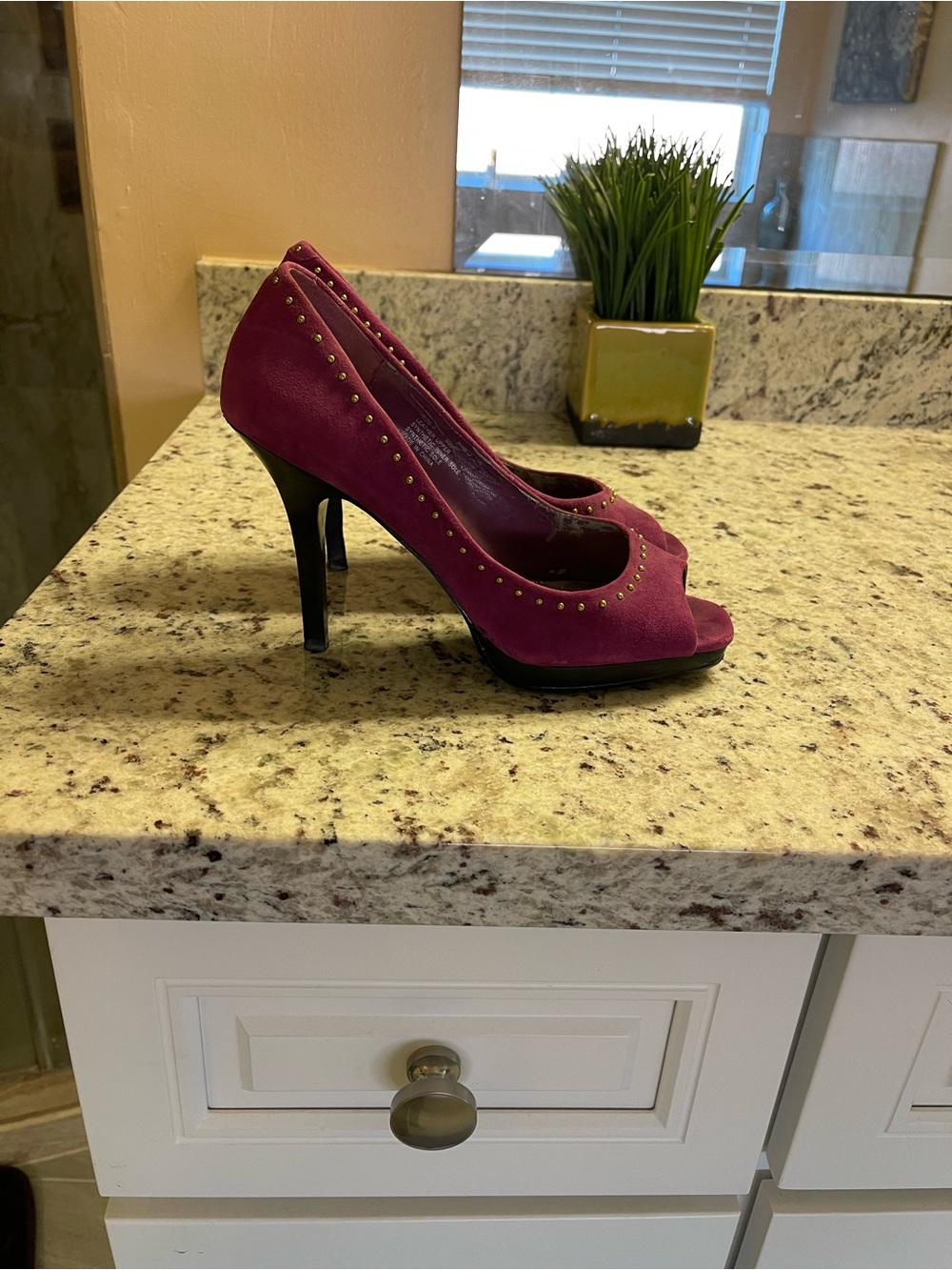 Jessica Simpson Plum Suede Peep-Toe Heels with Gold Stud Accents